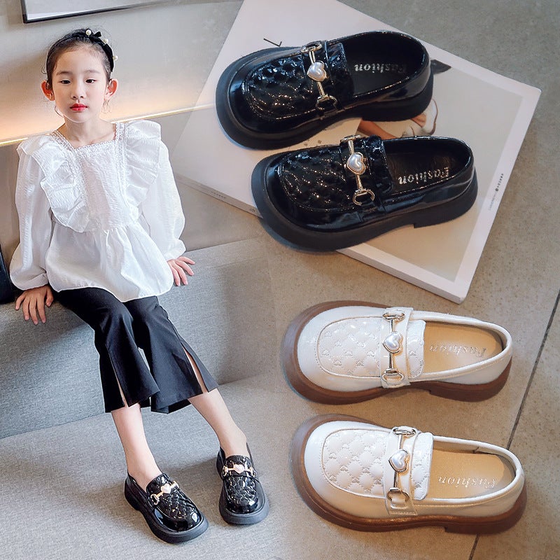 Girls Small Leather Shoes 2024 New Love Pearl Metal Buckle Princess Shoes Children'S Shallow Korean Style Shoes - Image 2